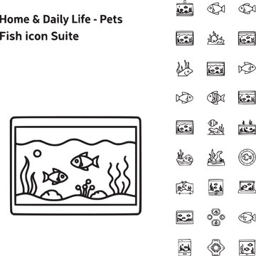 flat design fish tank icon set with aquatic pets and decorative elements for home and lifestyle apps