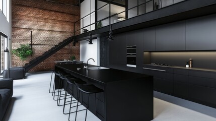 Fototapeta premium Modern Industrial Loft Open-plan kitchen with sleek black island, exposed brick wall and staircase to mezzanine. Urban elegance and contrast., Minimalist, Interior Design