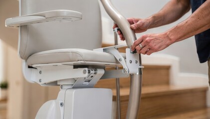 Obraz premium Curved staircase stair lift rental setup showing the fitting process in clear detail focusing on the lift chair and rail background softly blurred.