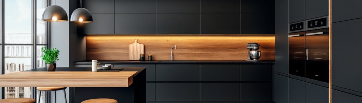 Modern minimalist black kitchen featuring warm wood backsplash and bar with accent lighting, sleek appliances and a bright window, showcasing elegant contrast. ,Contemporary,Interior