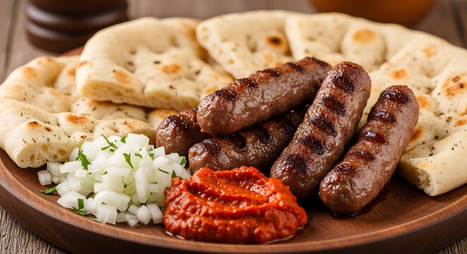 Traditional Balkan Cevapi Featuring Grilled Meat Sausages Lepinja Flatbread Ajvar Red Pepper Spread and Fresh Chopped Onions on a Rustic Wooden Plate