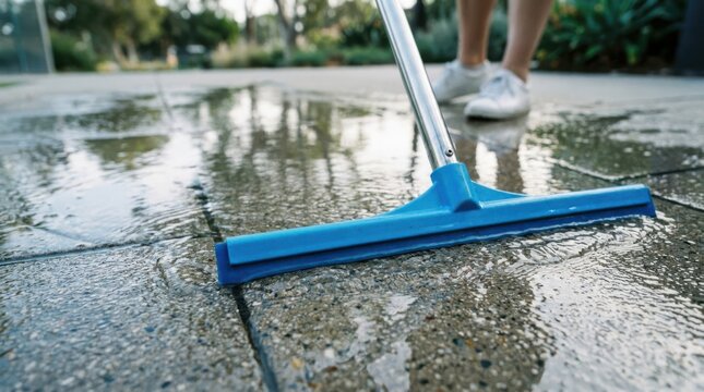 Blue rubber floor squeegee pushing water off wet concrete patio surface near person standing outside.