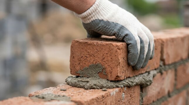 Construction worker hand in a protective glove setting a single red brick on mortar bed wall project.