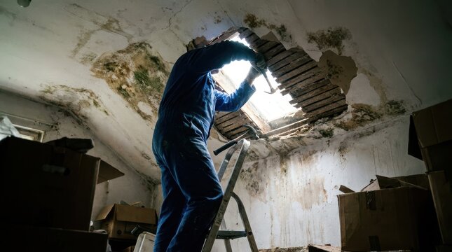 Construction worker repairing leaking ceiling inside dark attic space with wooden roof support beam.