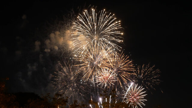 Golden Firework celebrate anniversary happy new year 2023, 4th of july holiday festival. Gold firework in the night time celebrate national holiday. Countdown to new year 2023 gold party time event