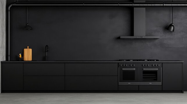 Monochromatic Black Kitchen Interior Modern minimalist design with sleek cabinets, built-in ovens, range hood, industrial pipes, textured walls and concrete floor. Elegant and bold