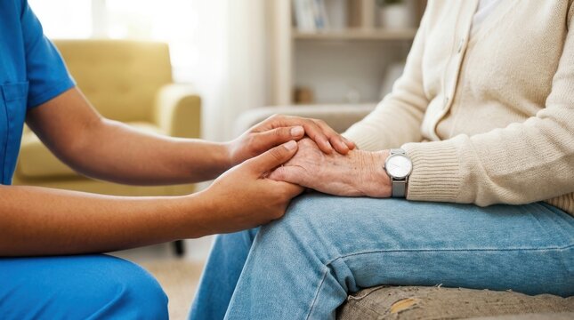Nurse gently holding hands of elderly woman, offering comfort and support during home visit.