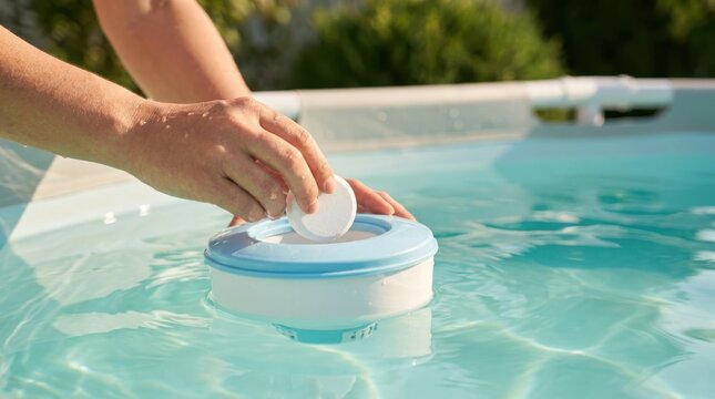 Person placing white chemical tablet into floating chlorine dispenser in backyard swimming pool water.