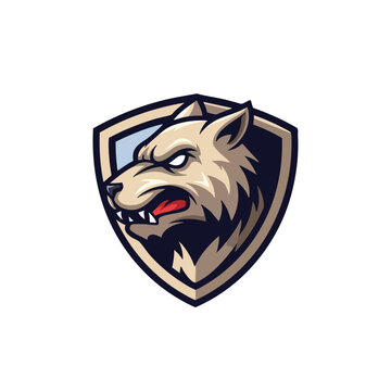Fierce Wolf Head Mascot, Shield Emblem Logo, Aggressive Animal Badge, Vector Gaming Icon
