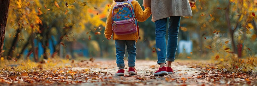 Parent and child walking on a path covered in fallen autumn leaves