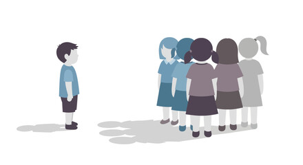 A young boy stands isolated and alone, facing a group of girls in a cartoon illustration emphasizing themes of social exclusion and bullying, with a flat, minimalist design against a plain © NanzZ