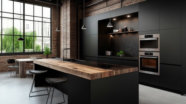 Sleek Industrial Kitchen Matte Black Cabinets and Rustic Wood Island Counterpoint Exposed Brick and Grand Windows for a Modern Loft Design, Architecture, InteriorDesign