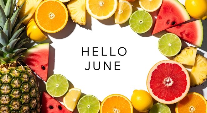 Hello June Greeting with Tropical Fruit Frame on White Background