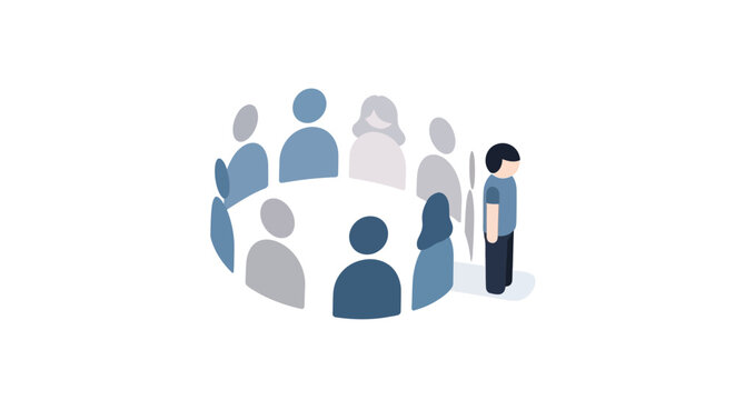 Isometric illustration depicting an act of bullying with a sad, excluded boy standing apart from a group of faceless people in a circle, set against a clean white background