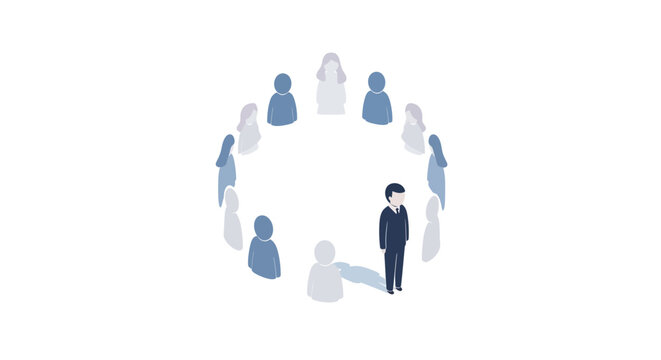 Isometric illustration depicting a lone individual standing isolated within a circle of figures, set against a stark white background, creating a somber mood that highlights the theme