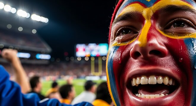 Close-up of a passionate fan with face paint cheering at a night sports game