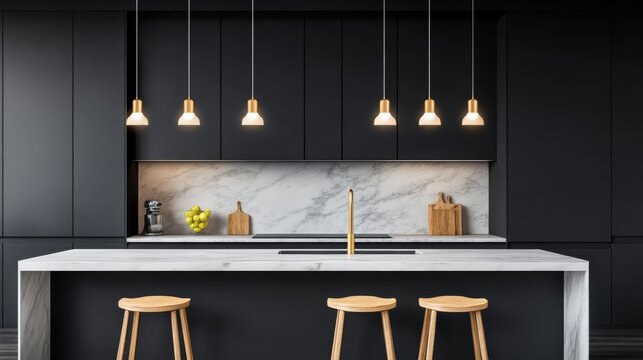 Sleek Modern Kitchen Dark cabinets, white marble island and backsplash, elegant brass pendant lights, wooden stools. Luxury home design, minimalist interior. Kitchen, ModernDesign
