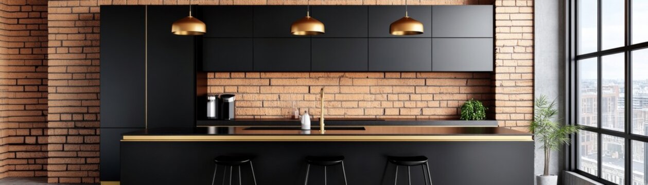 Sleek modern kitchen featuring black cabinetry, golden pendants and trim and a rustic brick backsplash. Urban loft design with island bar stools and city window view. Industrial,