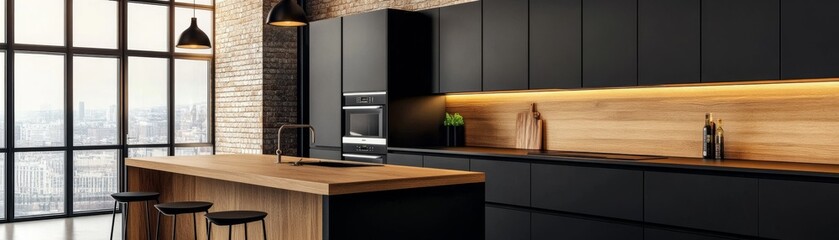 Fototapeta premium Sleek Urban Kitchen Black Cabinets, Wood Island and Backsplash with Accent Lighting, City View, Industrial Brick Wall. Modern, Loft