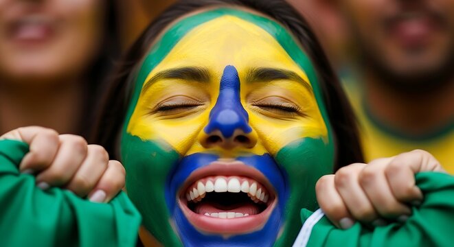 Brazilian fan with face paint cheering loudly at a sports event