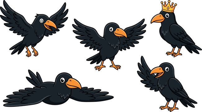 Cute Cartoon Black Crow Collection in Different Poses with Crown Flying Standing and Resting on White 