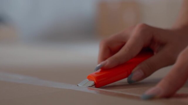 Female Reveals Items From Sealed Container. Woman Delicately Slices Tape To Unveil Hidden Objects Inside. Woman Thoughtfully Cuts Tape To Reveal Concealed Items Within Tightly Sealed Packaging
