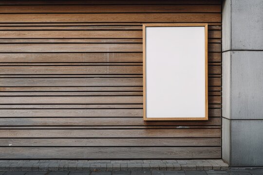 Blank rectangular frame mounted on a textured wooden wall