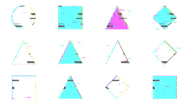 Set of glitch effect geometric shapes with transparent background.