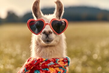 Fototapeta premium Cute llama wearing heart-shaped sunglasses and a colorful scarf in a field