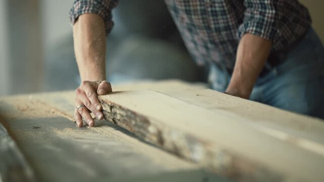Carpenter sawing wood with a table saw in a workshop