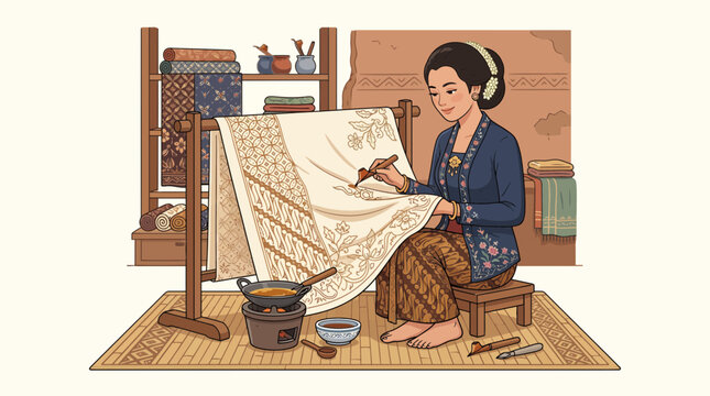 Vector illustration of Javanese woman making batik using canting tool, drawing wax patterns on fabric, wearing kebaya in a traditional workshop, showcasing Indonesian culture and craftsmanship.