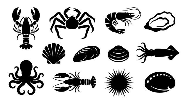 Seafood and Shellfish Icons &ndash; Lobster, Crab, Shrimp, Oyster and Marine Food Silhouettes