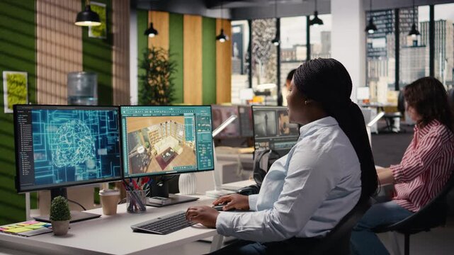 AI machine learning, architectural software optimization, black female developer, using artificial intelligence systems and remodeling program for a new apartment layout on computer.