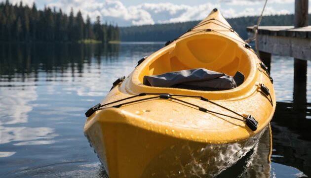 Medium shot of a single bright yellow kayak docked at lakeside life jacket resting on seat sharp focus on kayak with blurred water and dock background.