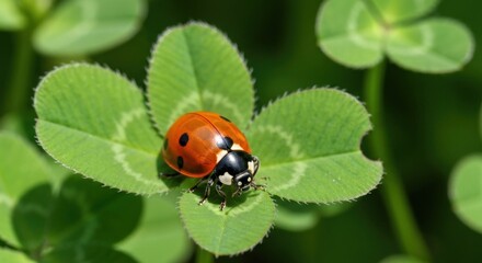 Obraz premium Ladybug perched on a vibrant clover leaf