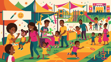 Fototapeta premium This flat design illustrates the vibrant family-friendly activities at the Essence Festival, showing diverse children and parents enjoying playful engagements.