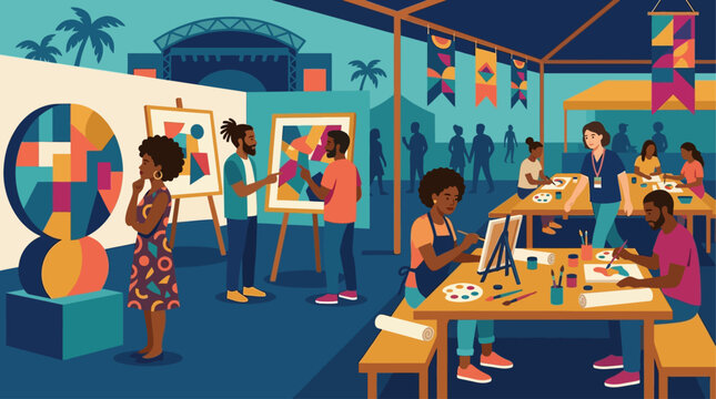 This flat design showcases the vibrant art and creativity at the Essence Festival, with diverse attendees engaging with unique artworks and hands-on activities.