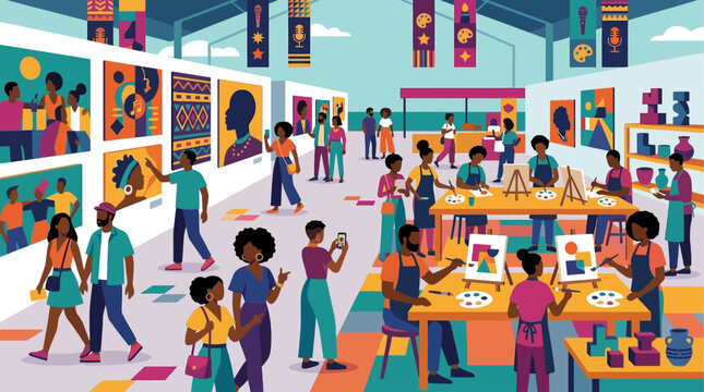 This flat design showcases the vibrant art and creativity at the Essence Festival, with diverse attendees engaging with unique artworks and hands-on activities.