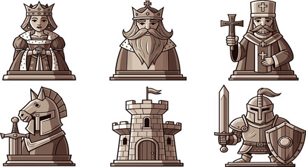 Medieval Chess Inspired Character Set Featuring King Queen Bishop Knight Rook and Castle in Vintage Engraved Style Vector Illustration for Strategy Game and History Designs. © Nasima