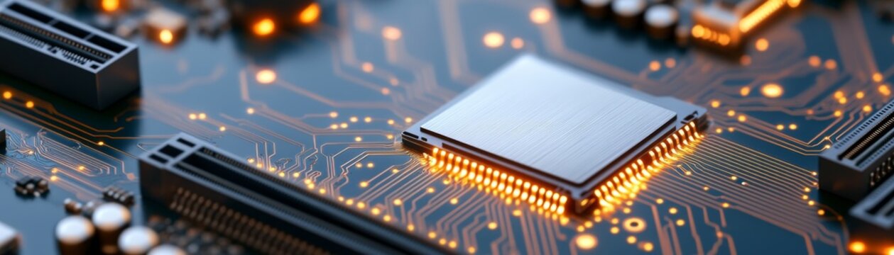 Close-up of a central, glowing microchip on a dark circuit board, illuminating orange traces. Symbolizing advanced AI, computing power and digital connectivity. ,Electronics