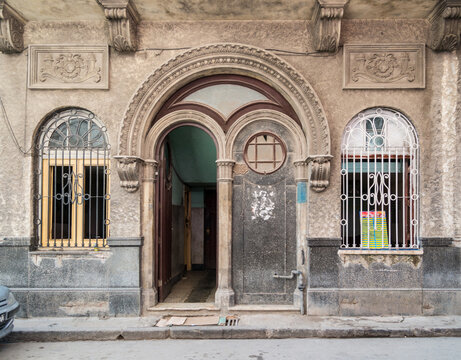 Cuba, Havana.  An elaborate doorway, remnant of a wealthier time in old Havana