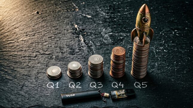 Coins stacked in quarters with a rocket on top, on dark background