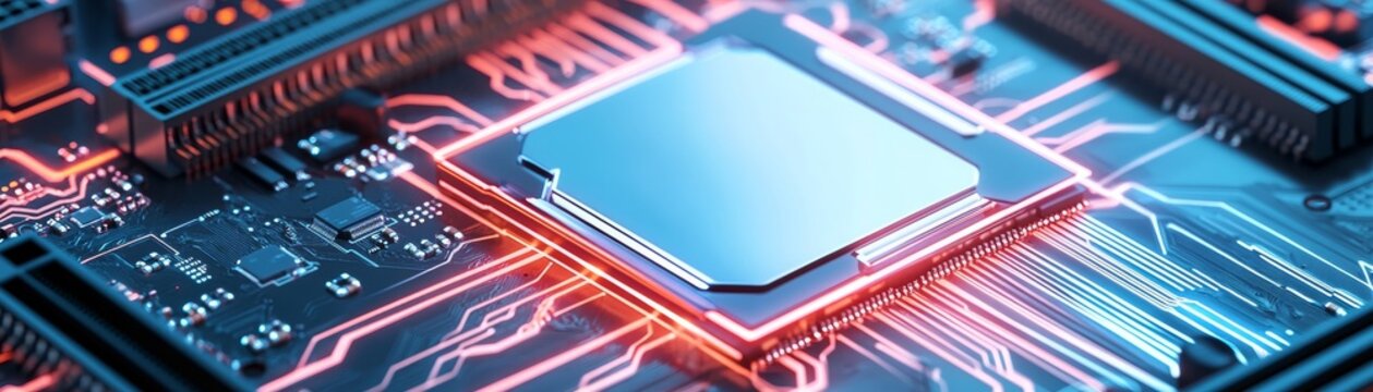 Close-up of a futuristic CPU on a dark circuit board with glowing red and blue traces, symbolizing high-speed data flow, digital processing and AI technology., chip ,innovation