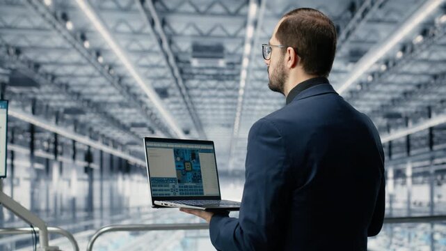 Engineer man reviewing semiconductors smart factory schematics with laptop. Manager oversees integrated circuits infrastructure layouts using EDA software on notebook in industry 4.0 plant, camera B