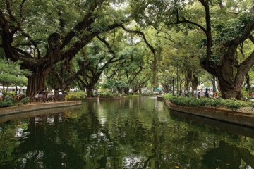 Fototapeta premium Lush green park with calm water canal and ancient trees