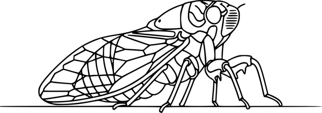 Black and white line drawing of a cicada insect standing on a surface in a minimalist flat vector style

