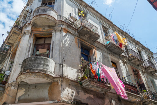 Cuba, Havana.  The exterior of dilapidated apartments in old Havana