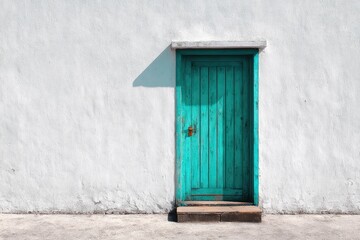 Fototapeta premium Rustic teal door set in a stark white textured wall with a concrete base
