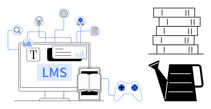 Education technology, e-learning, knowledge management, gamified learning, training tools, academic resources. LMS displayed on a computer with a book, a gaming controller and icons. Education