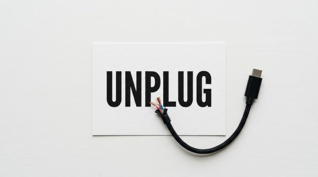 The unplugged cord lies on a white surface next to a sign.